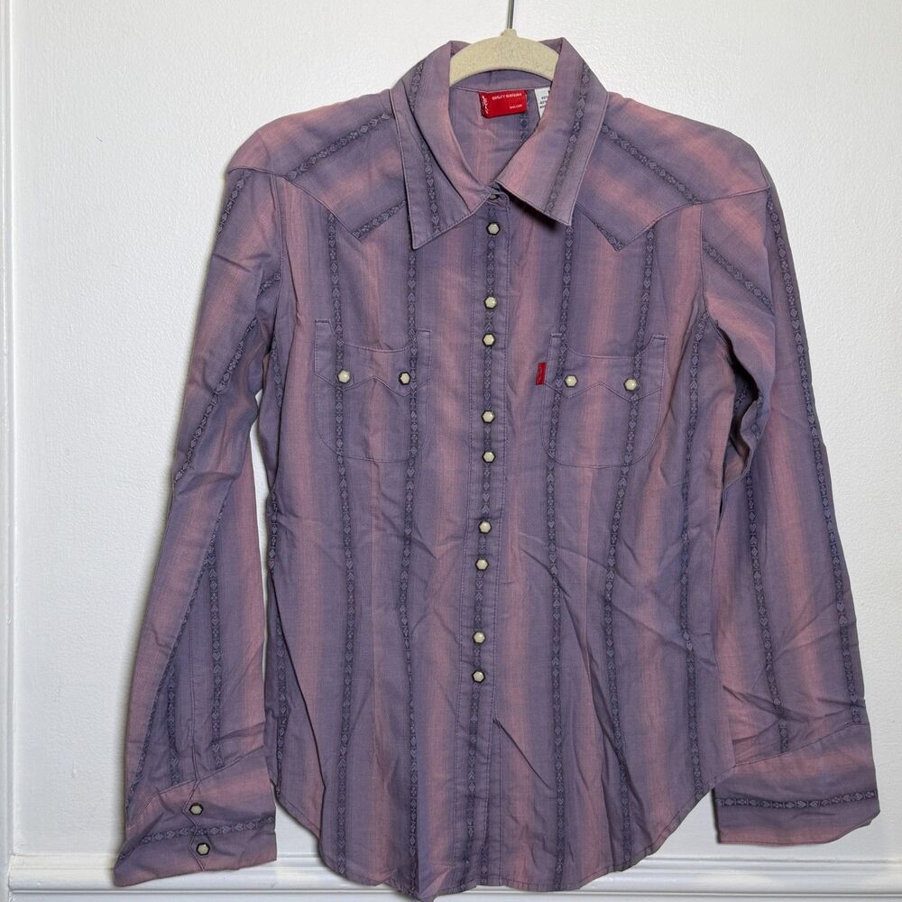 Levi’s Western Snap Shirt Women’s Medium Purple Striped Pearl Snap Long Sleeve